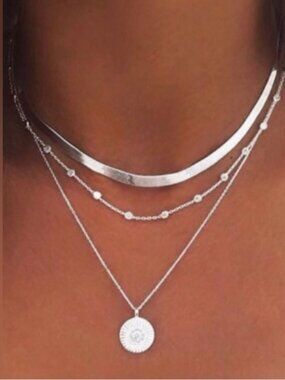 Silver Pendant Snake Chain LayeredBeaded Necklace